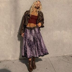 Vintage Purple Abstract Print Flowy Skirt Sheer Hem Boho Midi Elastic Waist M